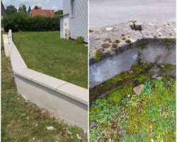 Avant/après rénovation d’un muret extérieur fissuré à Danjoutin– reconstruction par WT TOUS TRAVAUX